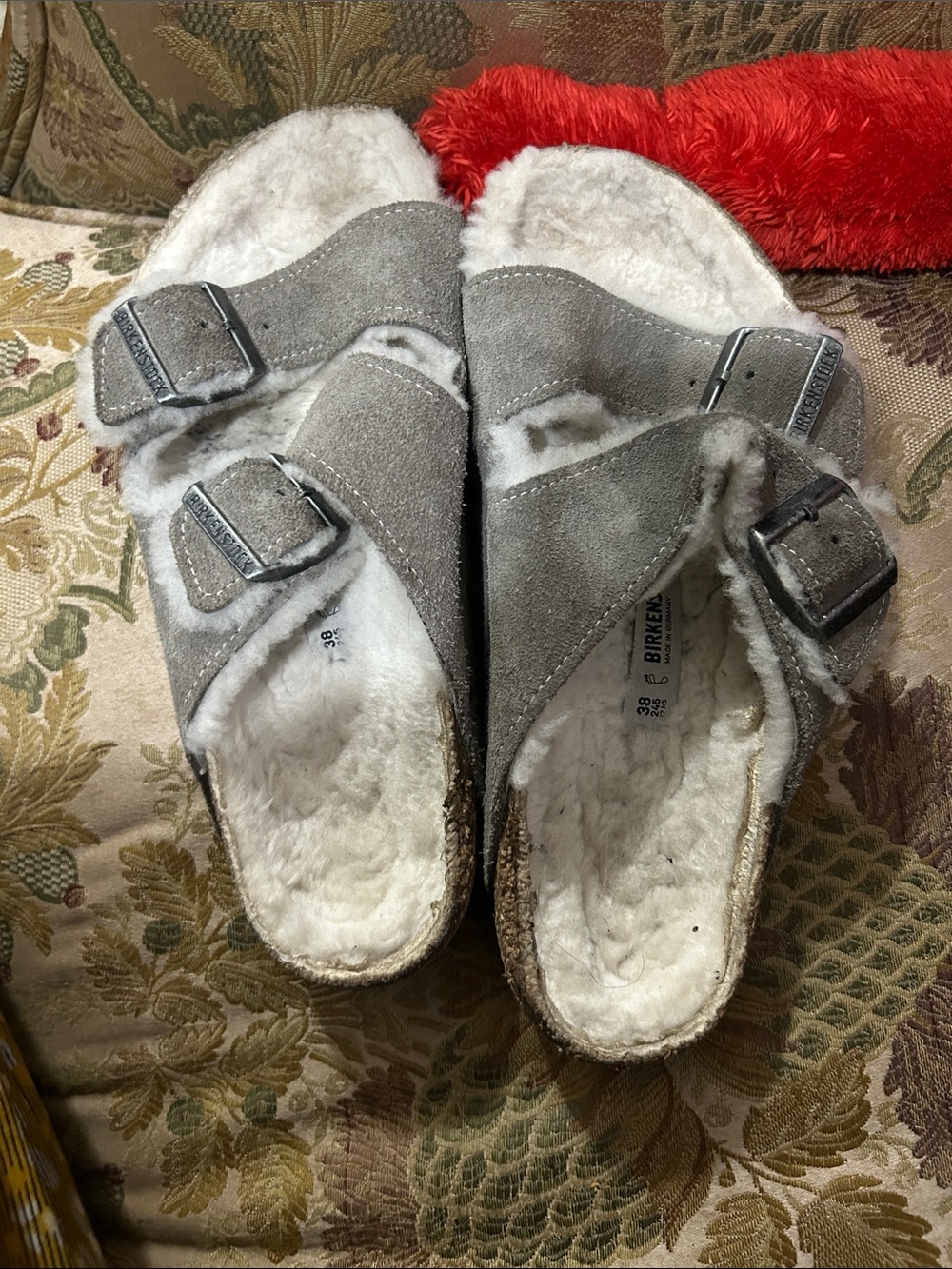 Birkenstock Grey Suede Shearling Arizona Slide Mules